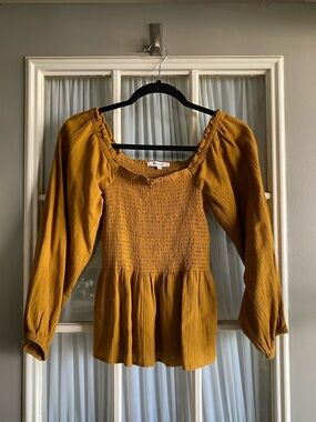 Madewell Golden Yellow Gauze Smocked Peasant Blouse